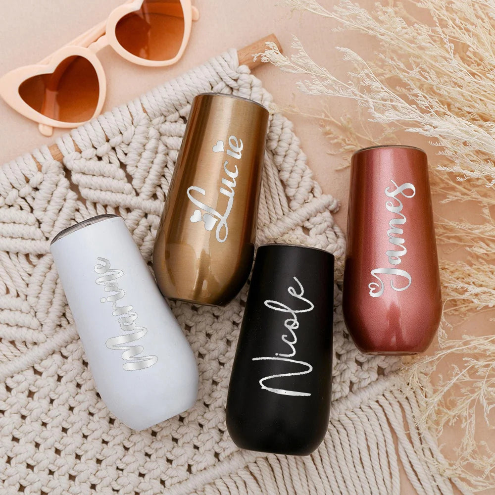Personalized Champagne Tumbler Custom Cursive Name Engraved Stainless Steel Insulated Egg Cup With Lid Bridesmaid Wedding Gift.