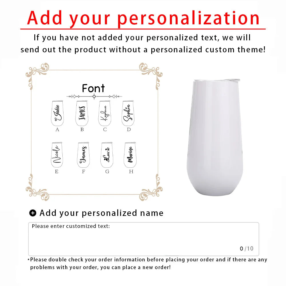 Personalized Champagne Tumbler Custom Cursive Name Engraved Stainless Steel Insulated Egg Cup With Lid Bridesmaid Wedding Gift.