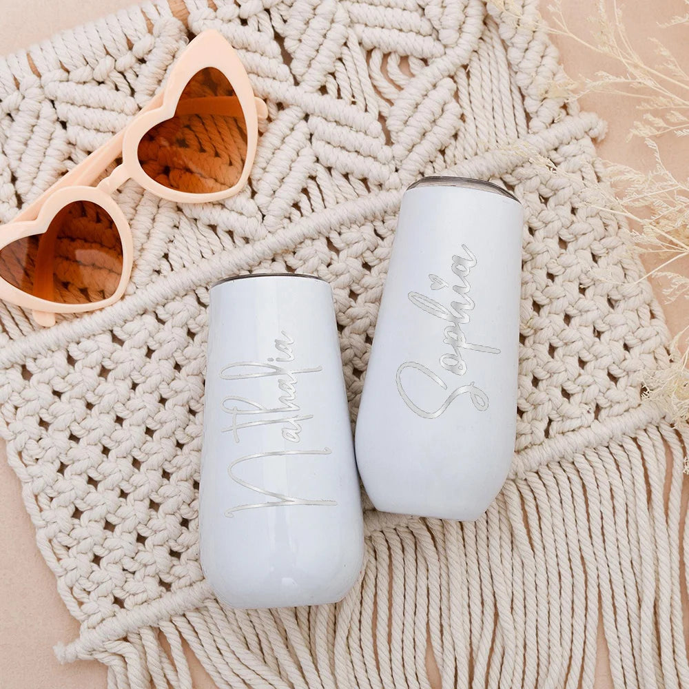 Personalized Champagne Tumbler Custom Cursive Name Engraved Stainless Steel Insulated Egg Cup With Lid Bridesmaid Wedding Gift.