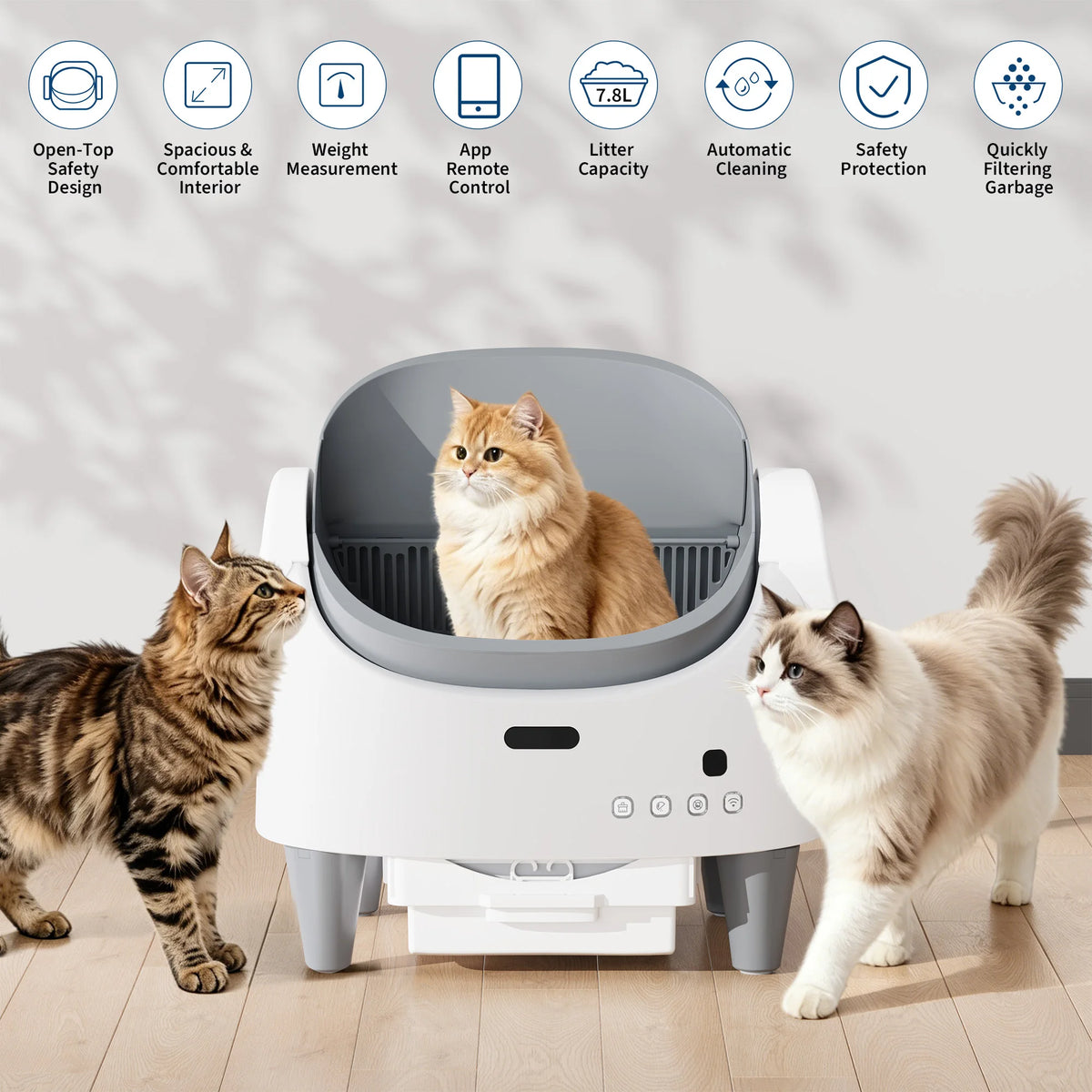 Smart självrengörande kattlåda med öppen design